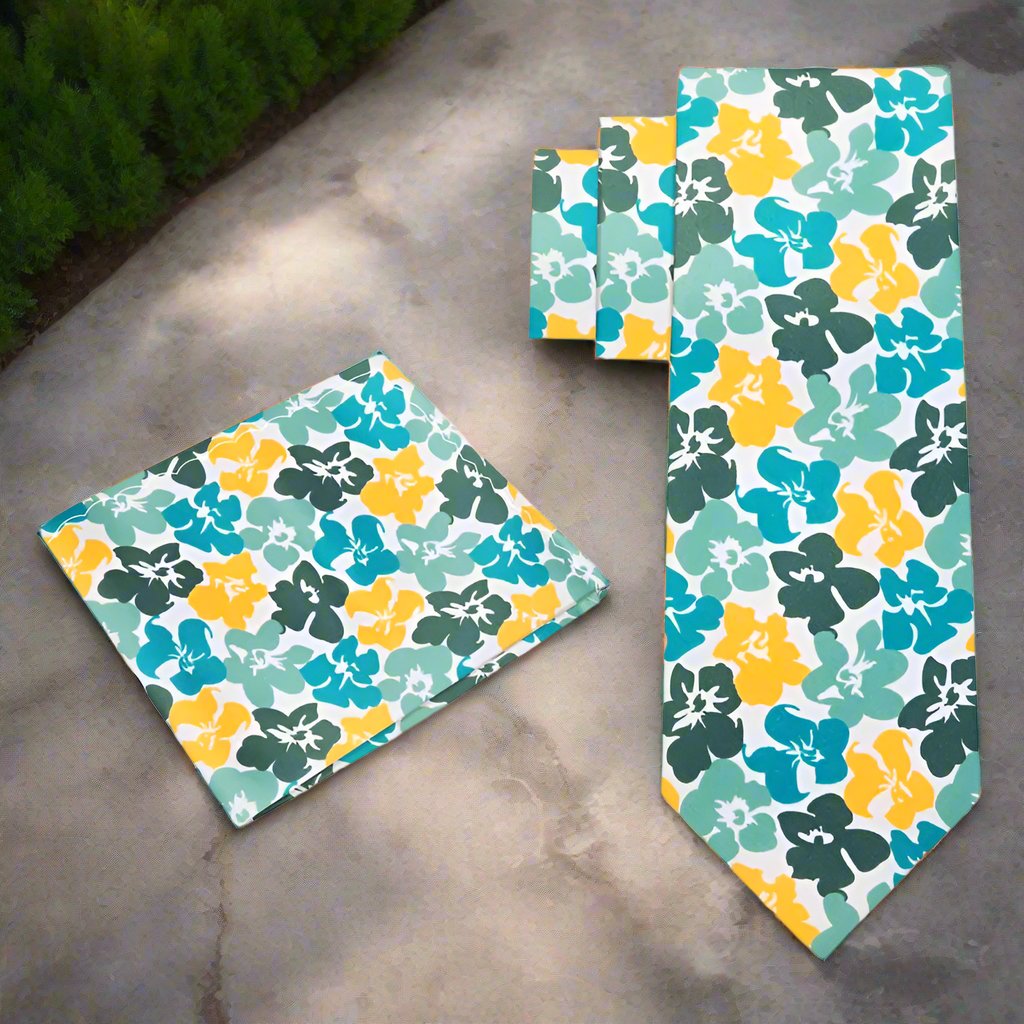 Alt Green Yellow Hibiscus Flowers Tie and Pocket Square