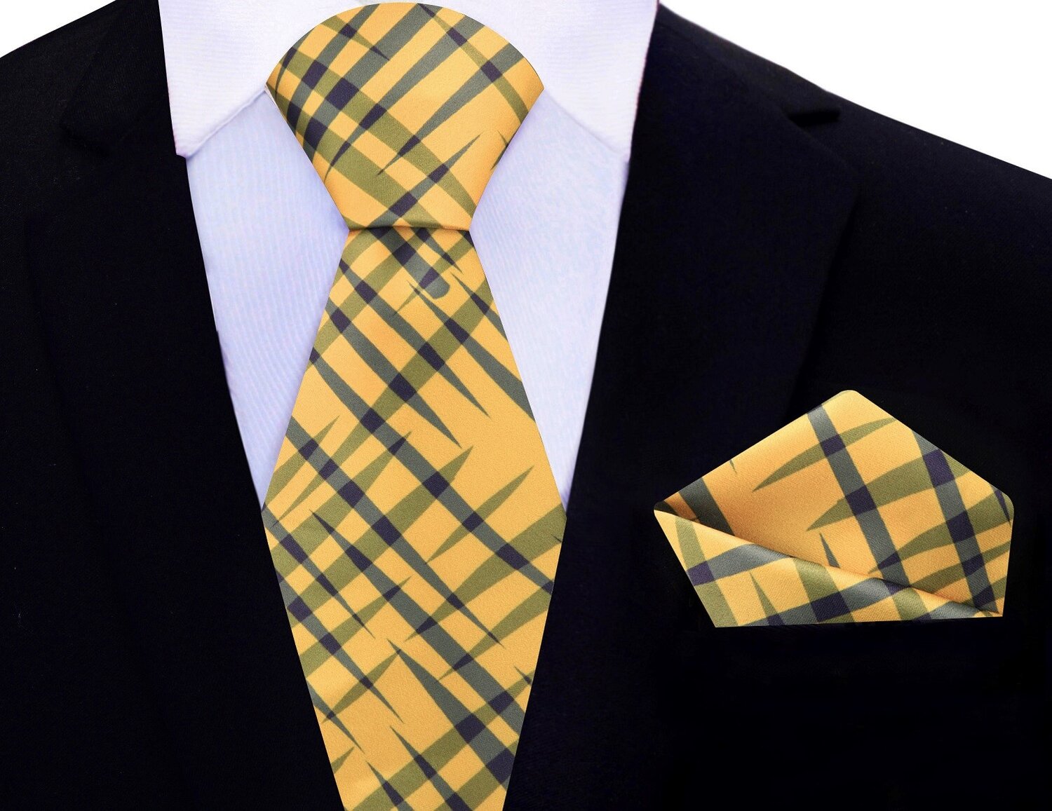 Main View: Solar Yellow with Grey Plaid Tie and Pocket Square