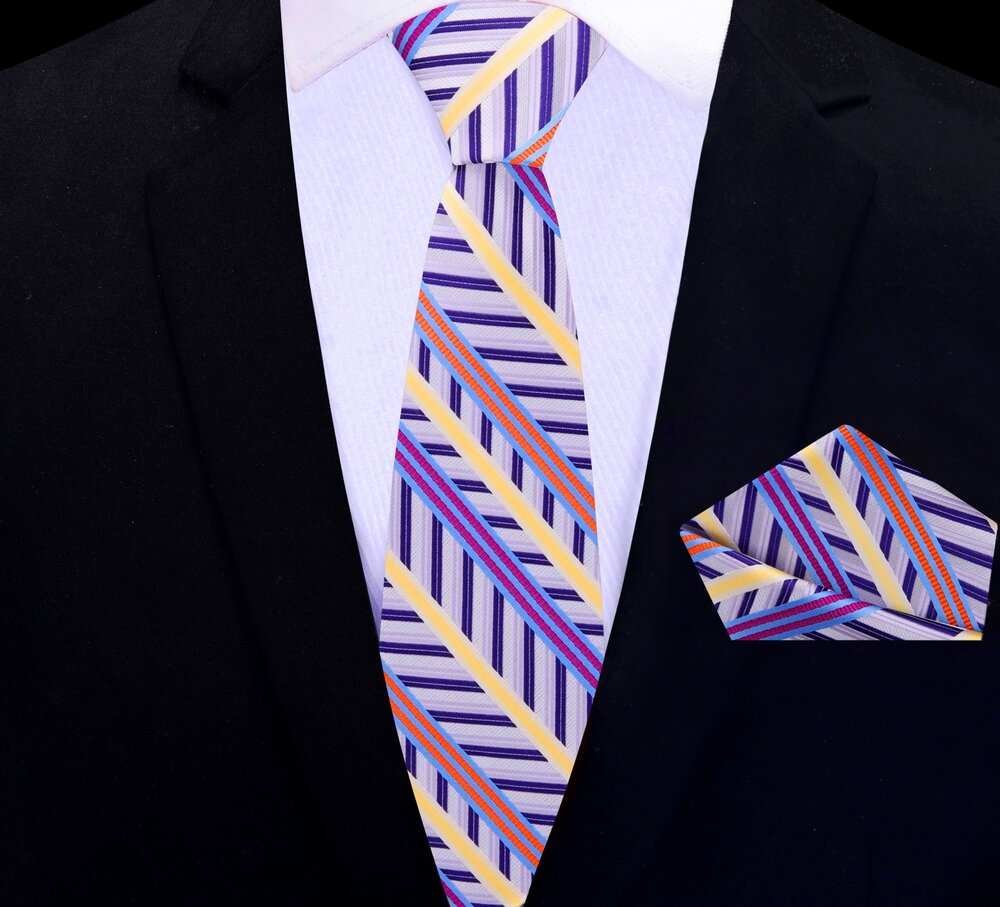Light Purple, Purple, Yellow Stripe Thin Tie and Pocket Square