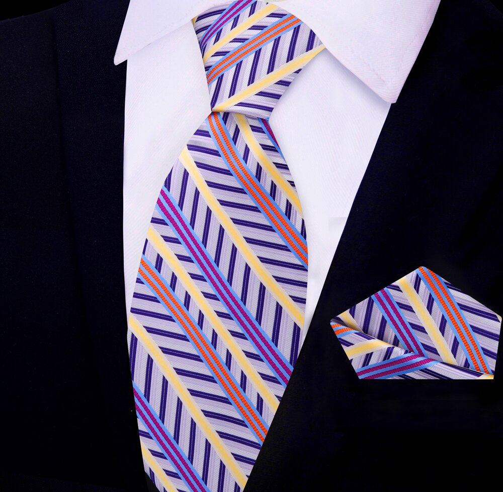 Light Purple, Purple, Yellow Stripe Tie and Pocket Square