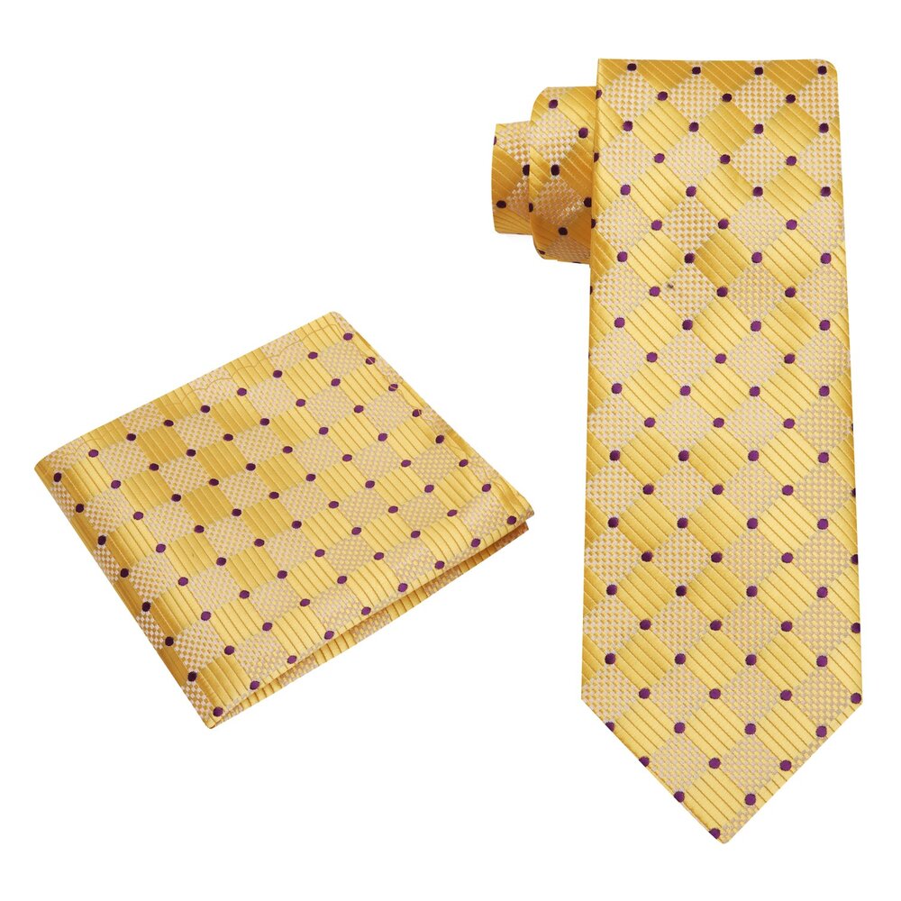 Alt View: A Yellow Geometric Pattern With Small Purple Dots Silk Necktie With Matching Pocket Square