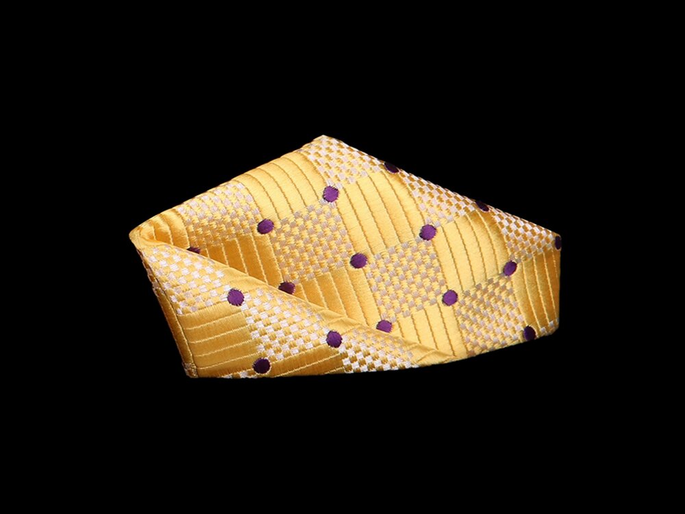 View 2: A Yellow, Purple Color Geometric Check with Small Dot Pocket Square