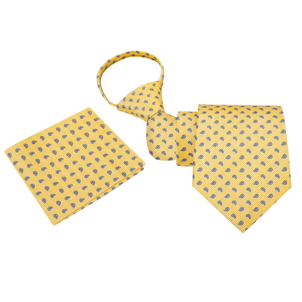 Zipper: Yellow Blue Paisley Tie and Pocket Square||Yellow