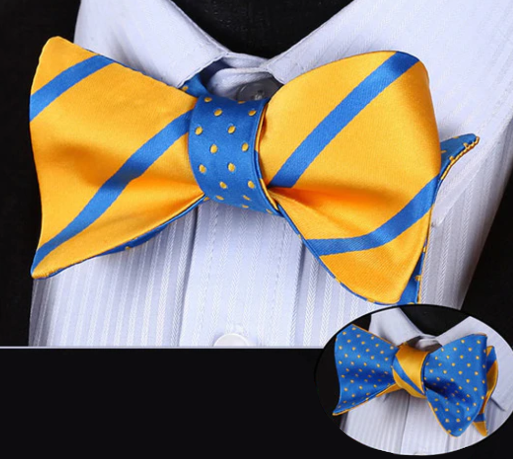 A Yellow, Light Blue Polka and Stripe Pattern Silk Self Tie Bow Tie