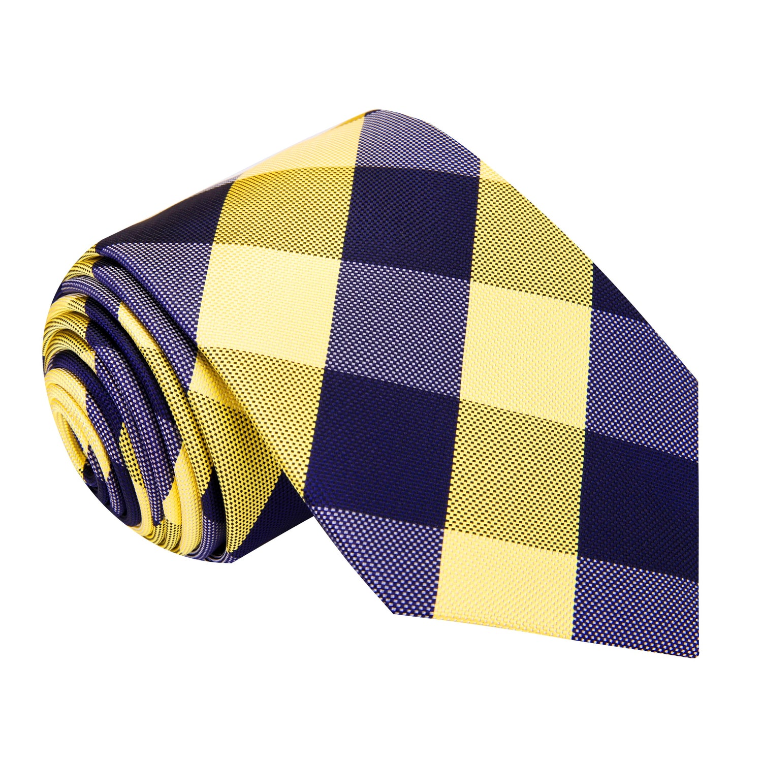 A Navy, Yellow Plaid Pattern Silk Necktie 