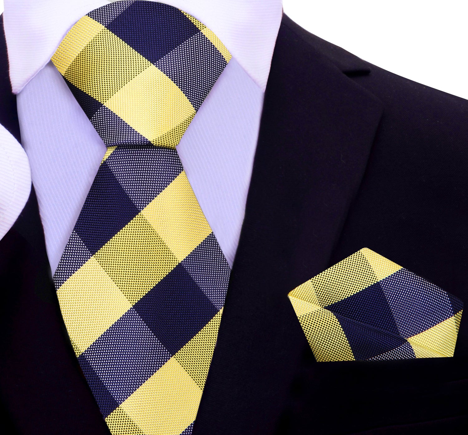 A Navy, Yellow Plaid Pattern Silk Necktie, Matching Pocket Square