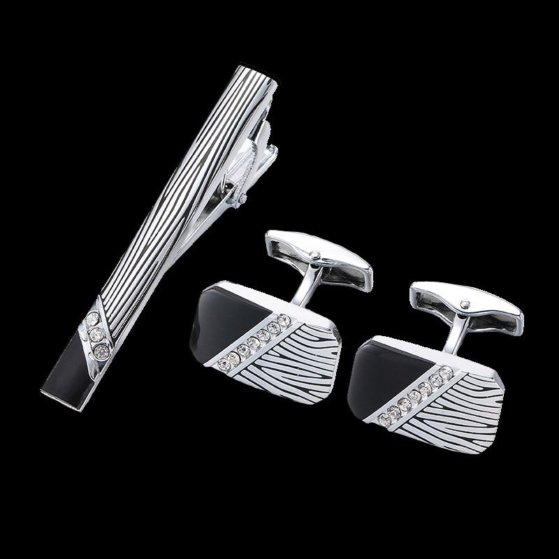 A Black, Chrome Rectangle Shape with Zebra Pattern and Stone Cuff-links and Tie Bar