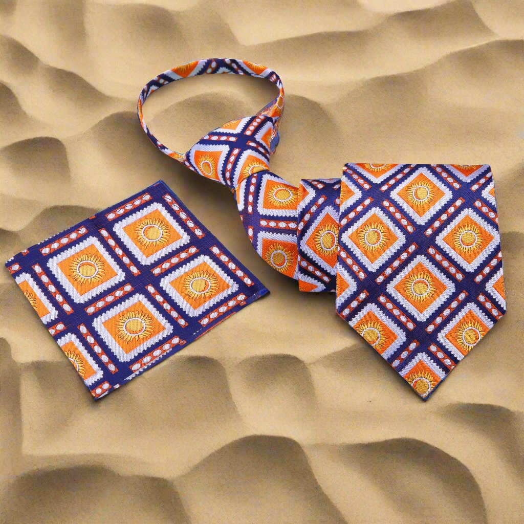 Zipper View: A Dark Blue, Orange Sunburst Design Silk Zipper Zipper Necktie, Matching Pocket Square