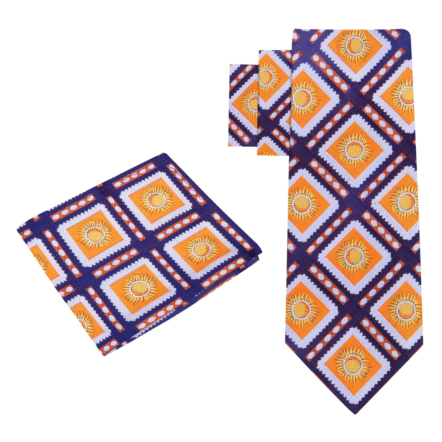 A Dark Blue, Orange Sunburst Design Silk Necktie, Matching Pocket Square