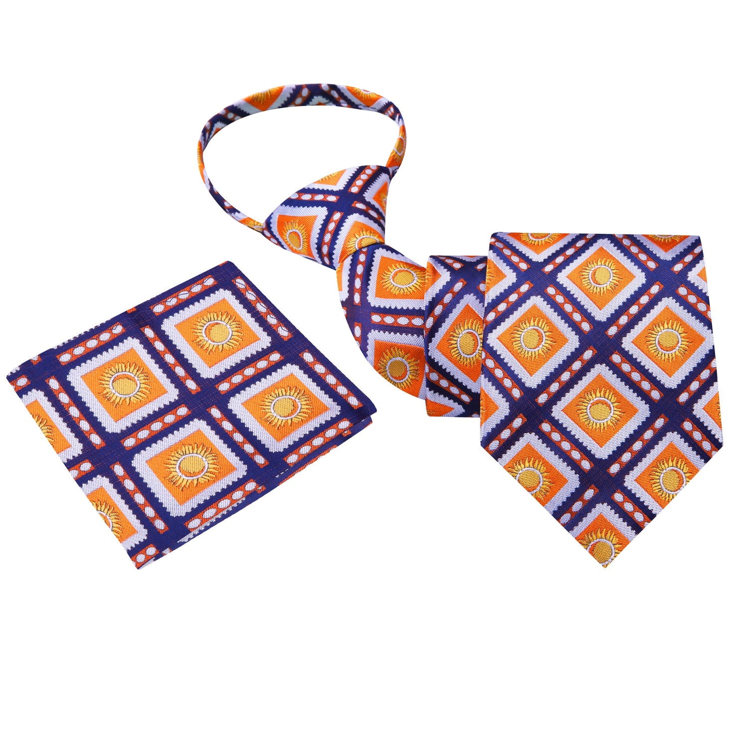 Zipper View: A Dark Blue, Orange Sunburst Design Silk Zipper Zipper Necktie, Matching Pocket Square
