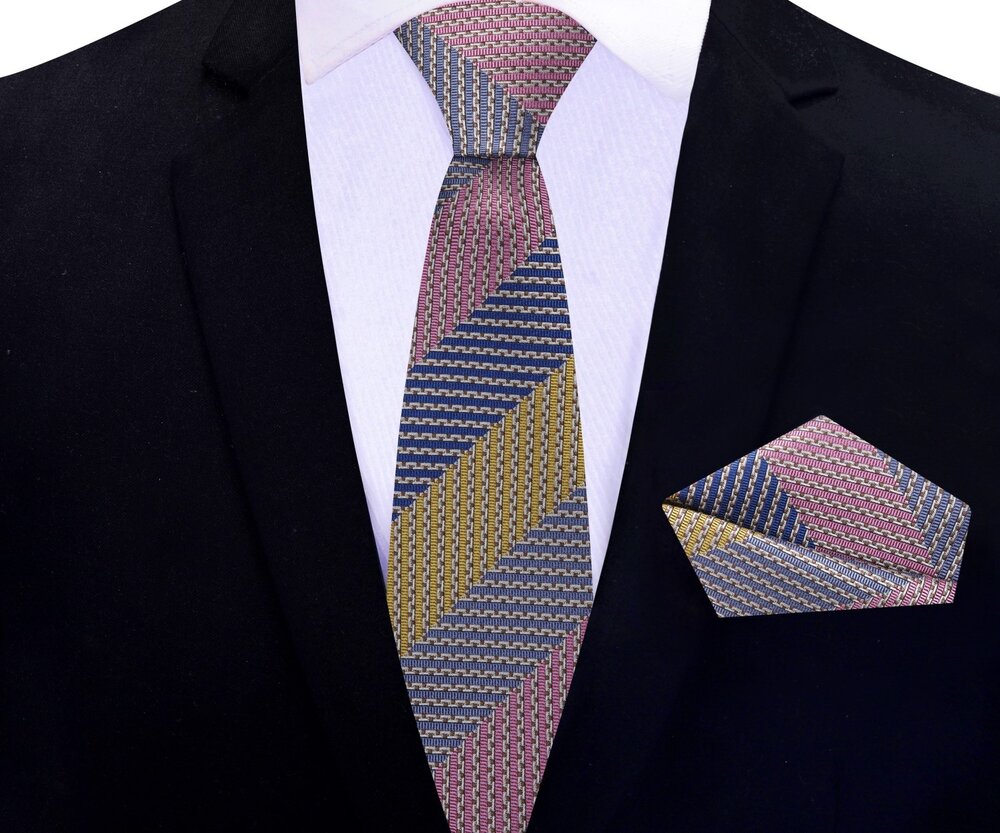 Blue, Yellow, Pink Stripe Thin Tie and Pocket Square