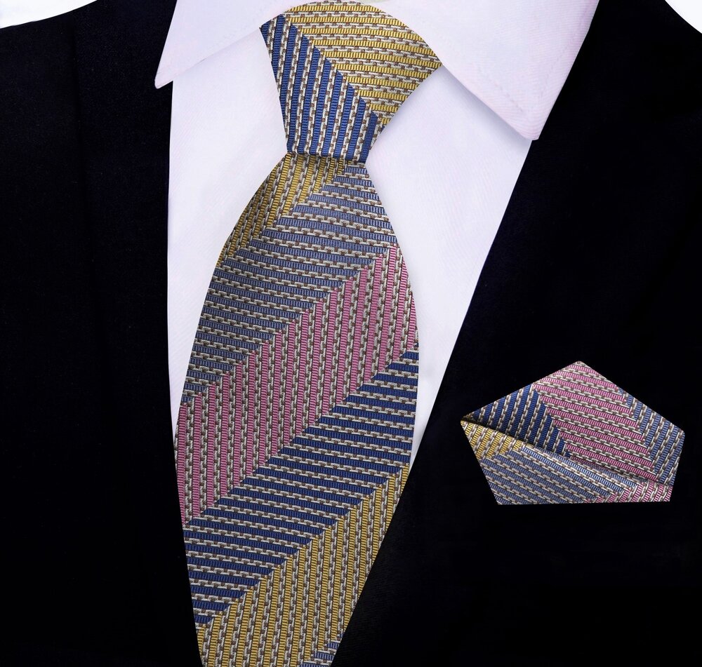 Blue, Yellow, Pink Stripe Tie and Pocket Square