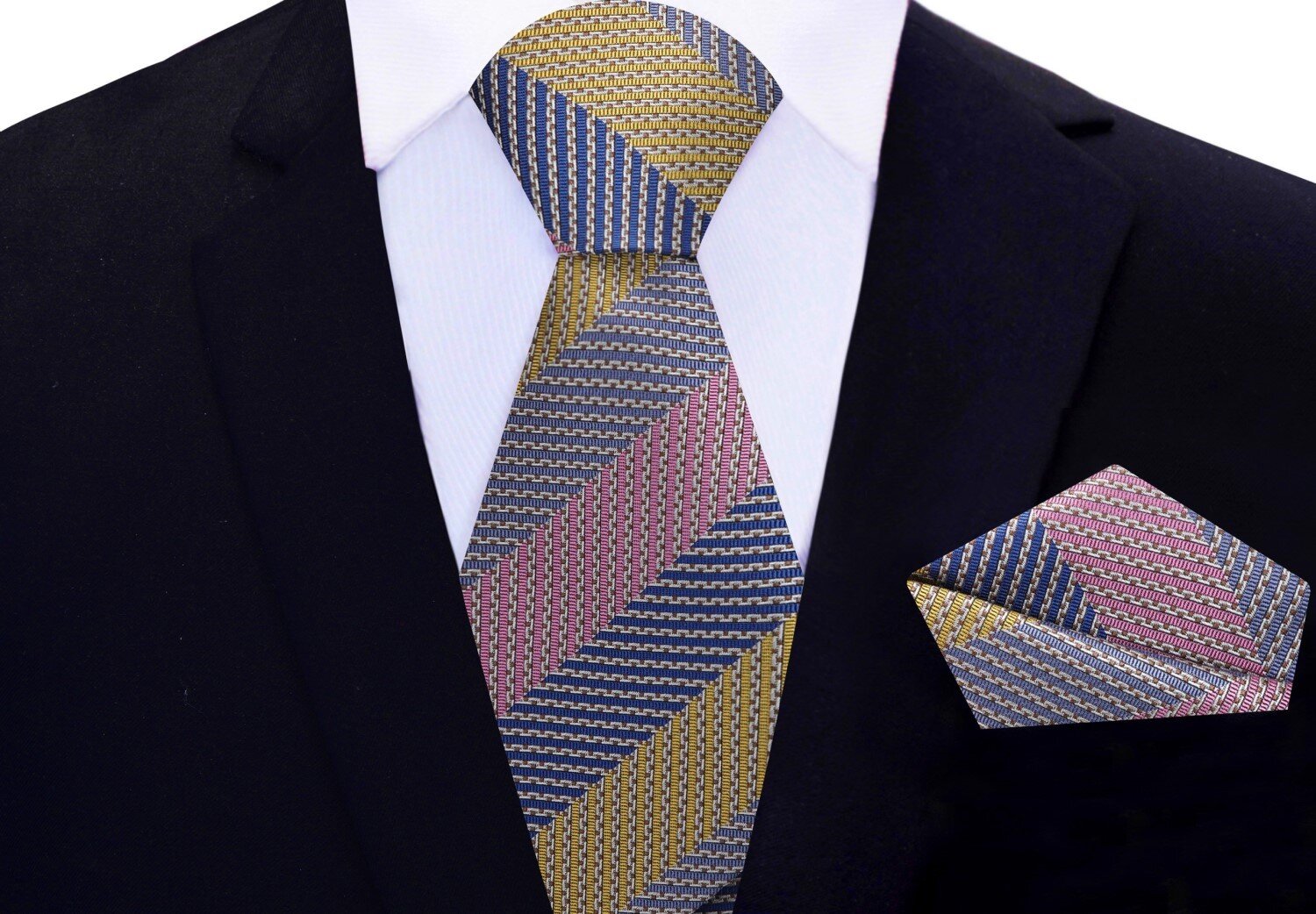Main: Blue, Yellow, Pink Stripe Tie and Pocket Square
