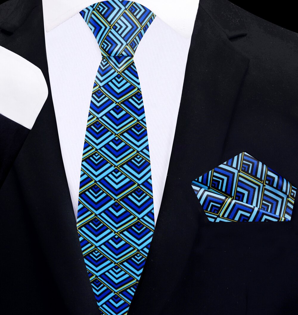 thin tie view Blue Aqua Black Geometric Tie Pocket Square