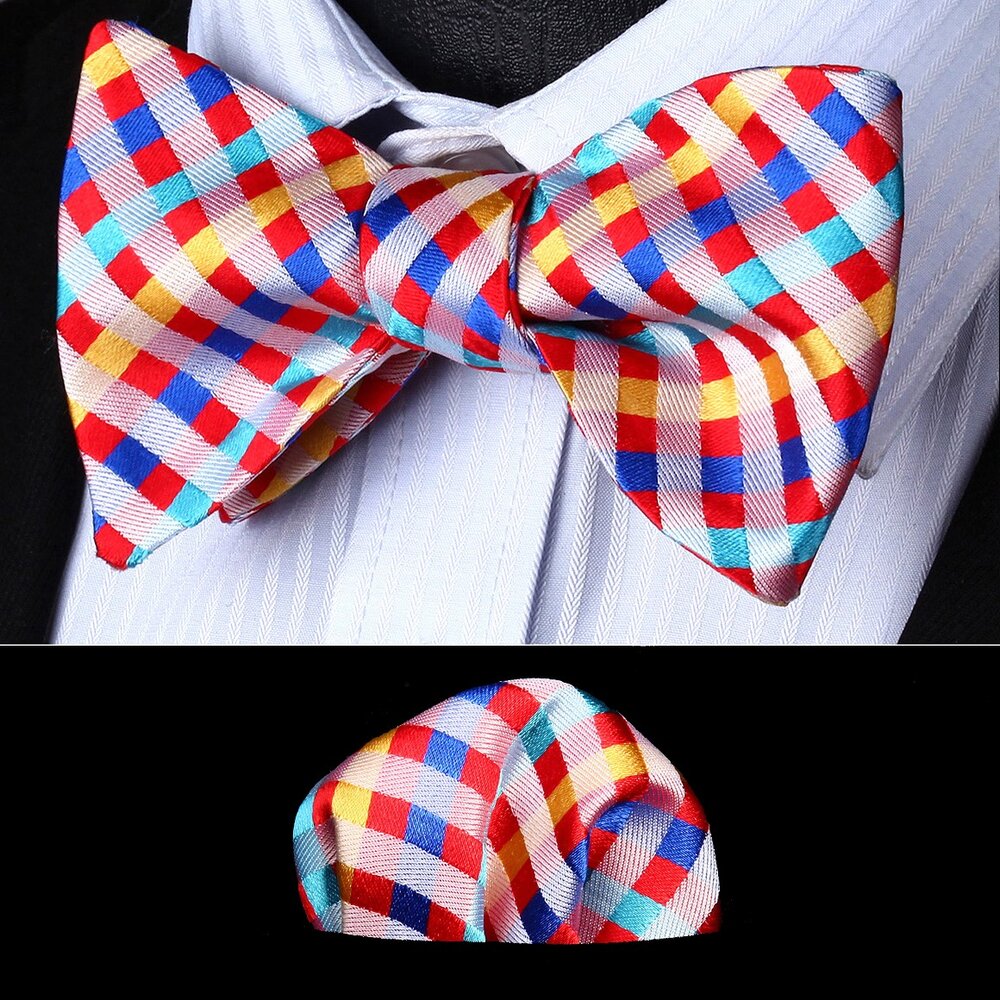 A Red, Blue, Light Blue, Yellow, Orange Pattern Silk Self Tie Bow Tie, Matching Pocket Square||Multi with Red