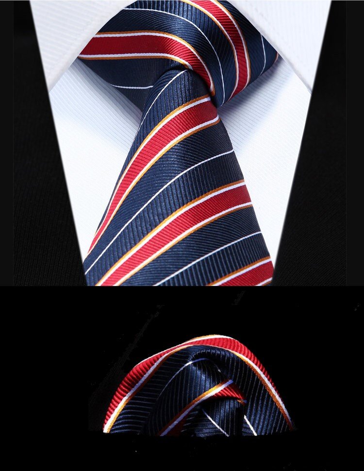 A Dark Blue With Red, Gold Stripe Pattern Silk Necktie, Matching Pocket Square||Deep Blue, Red, Yellow