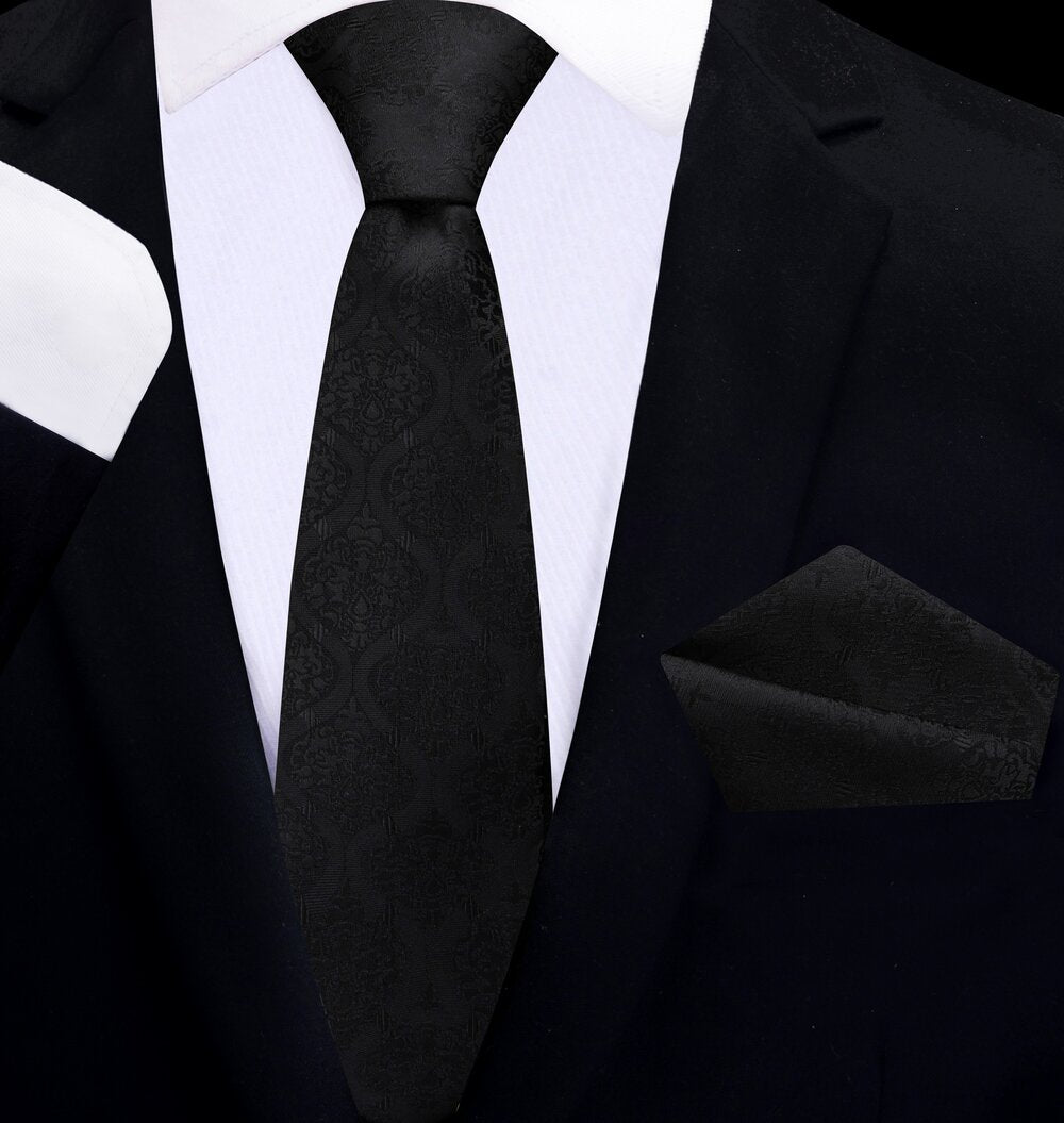 thin tie Black, black abstract tie and pocket square||Black