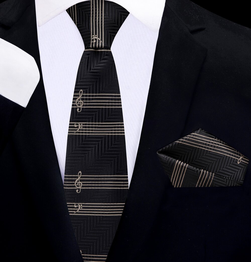 thin tie black gold music tie and square||Black, Gold