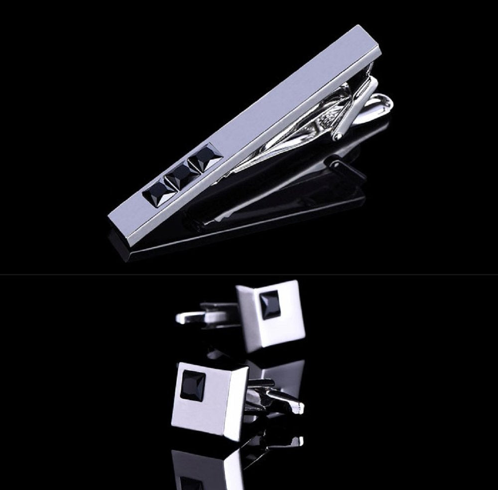A Chrome, Black Color Rectangle Shape with Small Square Stones Tie Bar and Cuff-links