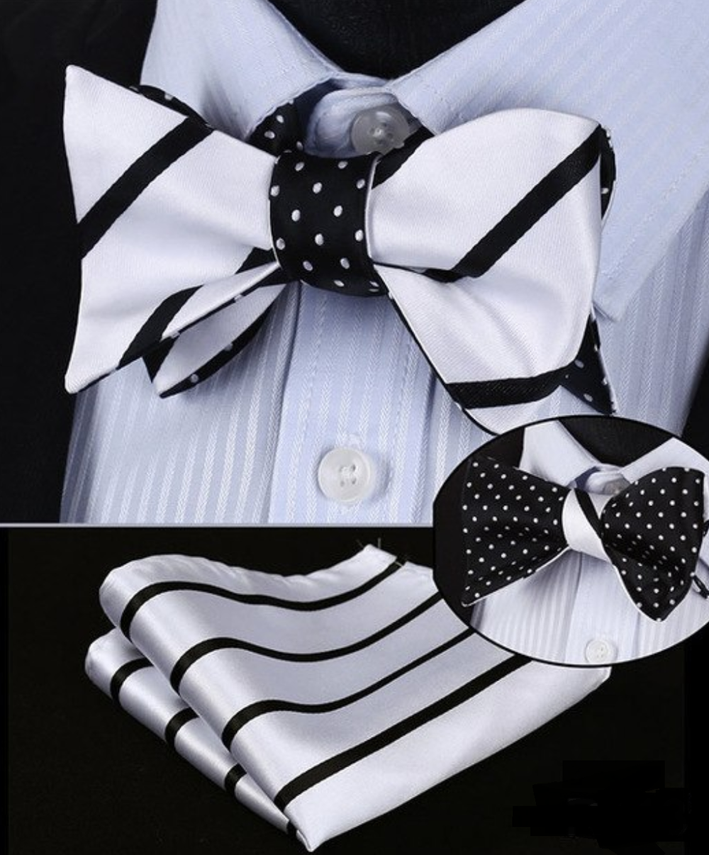 A Black, White Stripe and Polka Pattern Silk Self Tie Bow Tie, Matching Pocket Square .||White With Black Stripes