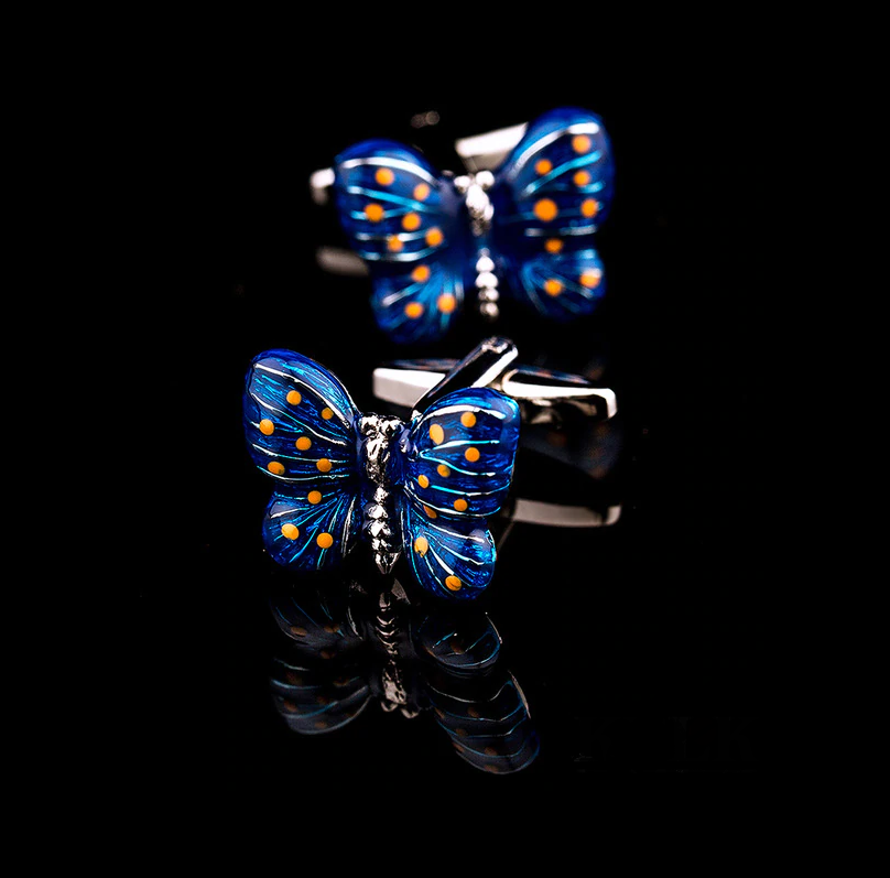 A Blue, Yellow Color Butterfly Pattern Pair of Cuff-links
