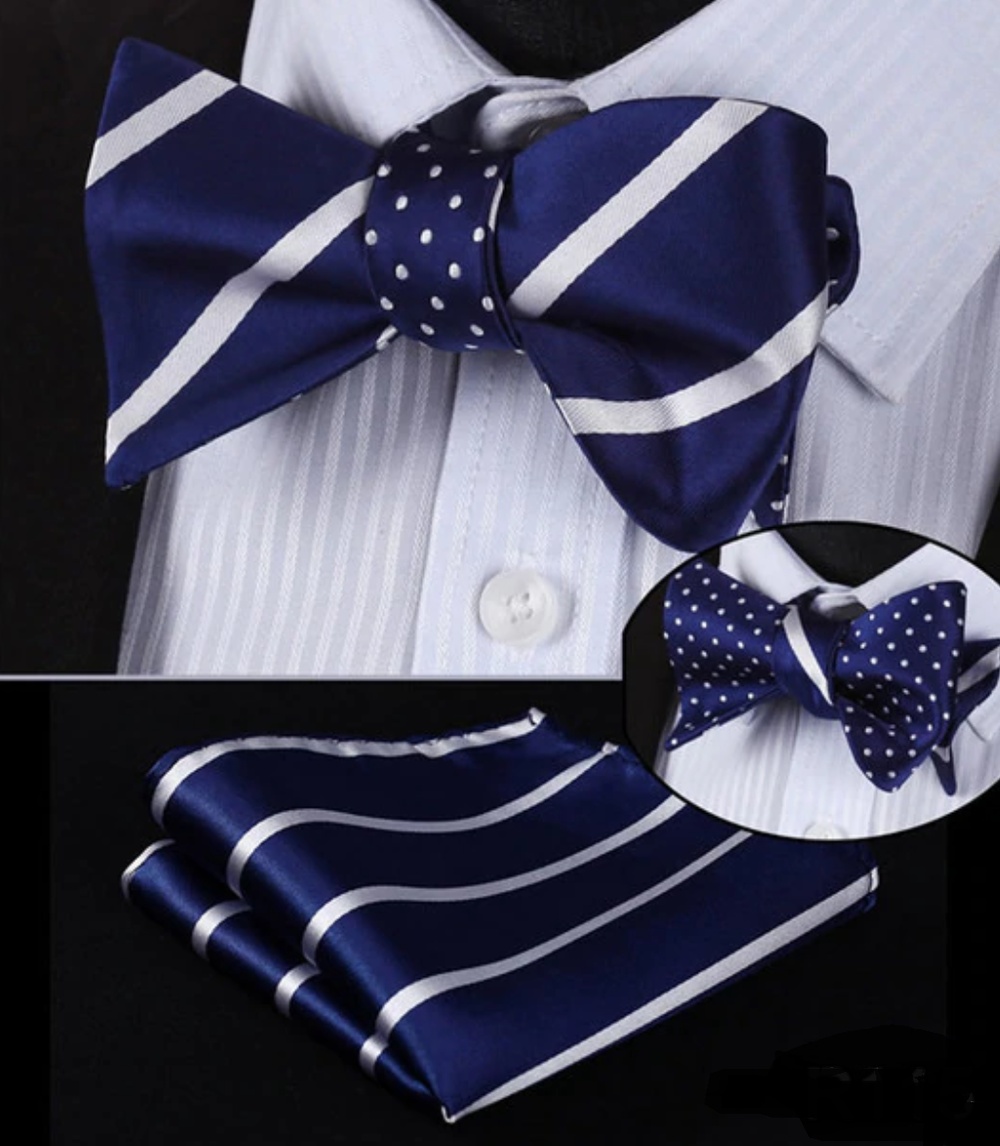 A Blue, White Stripe and Polka Pattern Silk Self Tie Bow Tie, Matching Pocket Square ||Blue with White Stripes