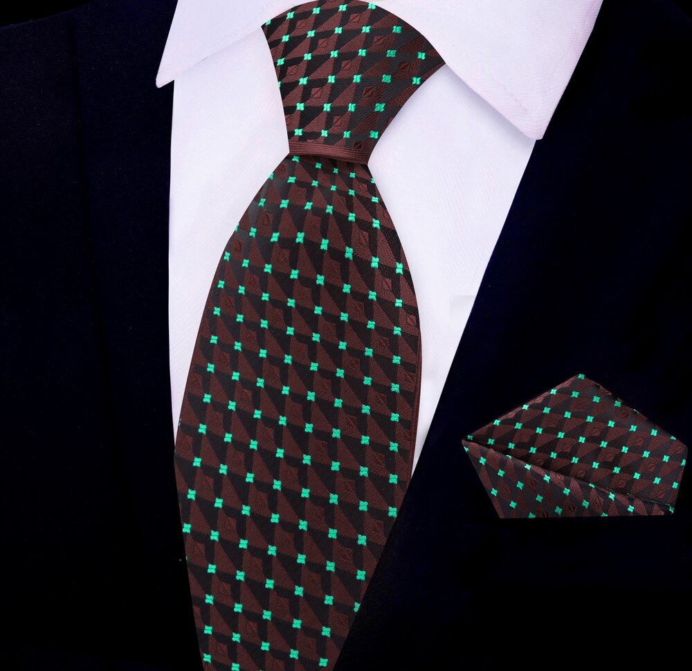 Chocolate and Mint Green Geometric Tie and Pocket Square