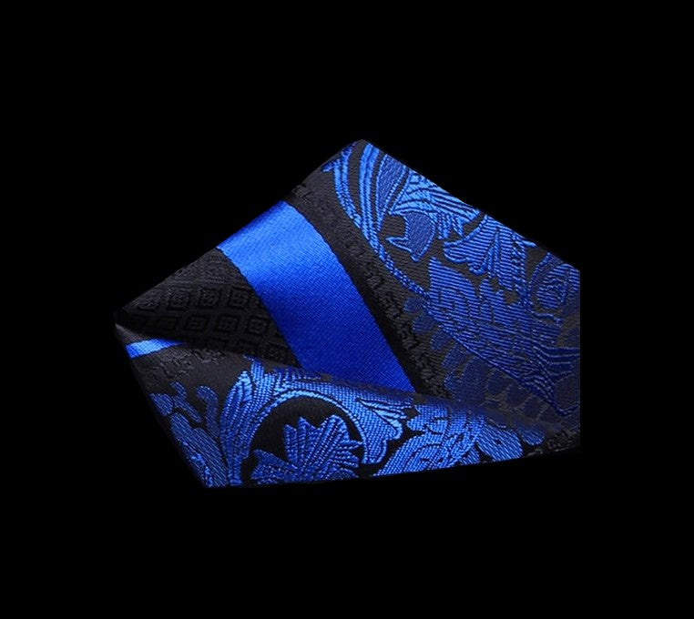 View 2: A Black, Blue Intricate Floral Pattern Silk Pocket Square