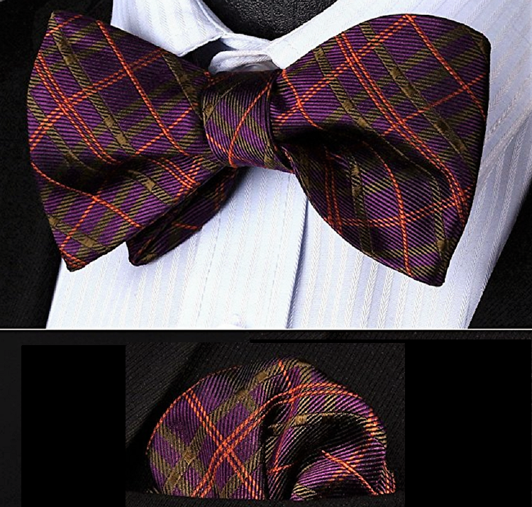 A Burgundy Plaid Pattern Silk Self Tie Bow Tie, Matching Pocket Square||Burgundy, Red