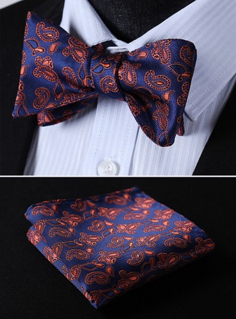 A Blue, Orange Paisley Pattern Silk Self Tie Bow Tie, Matching Pocket Square and Cuff-links||Blue, Orange