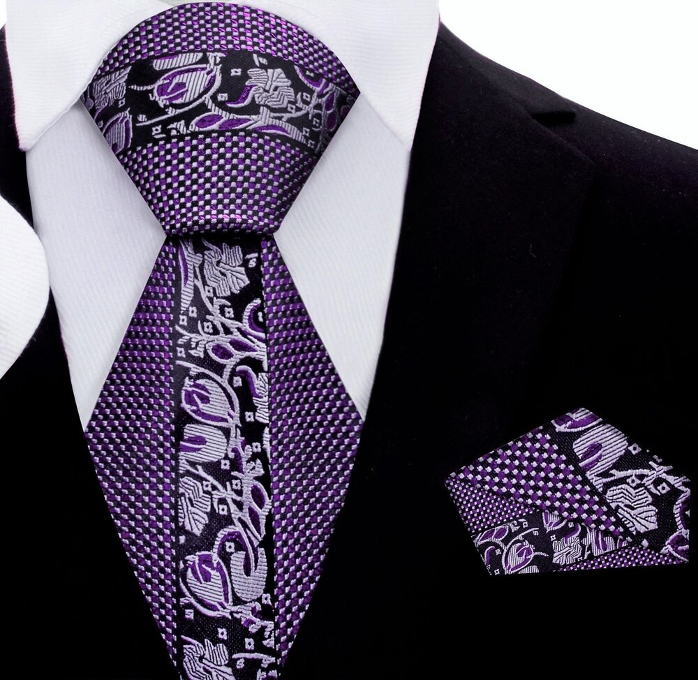 Metallic Purple, Deep Purple With A Floral Pattern In Middle Of Tie And Check Border||Purple