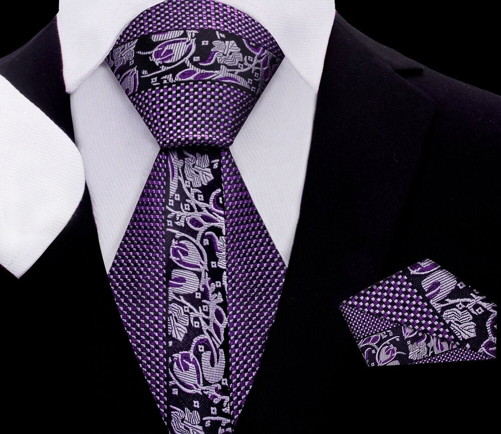 A Metallic Purple, Dark Purple Floral Design In Middle Of Tie And Metallic Check Border Pattern Silk Necktie.