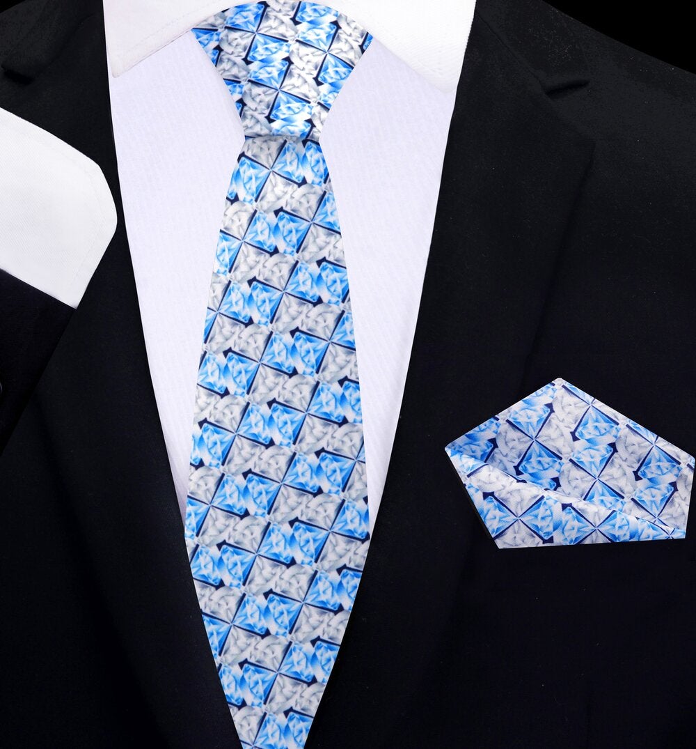 Blue, White and Grey Diamonds Thin Tie and Pocket Square