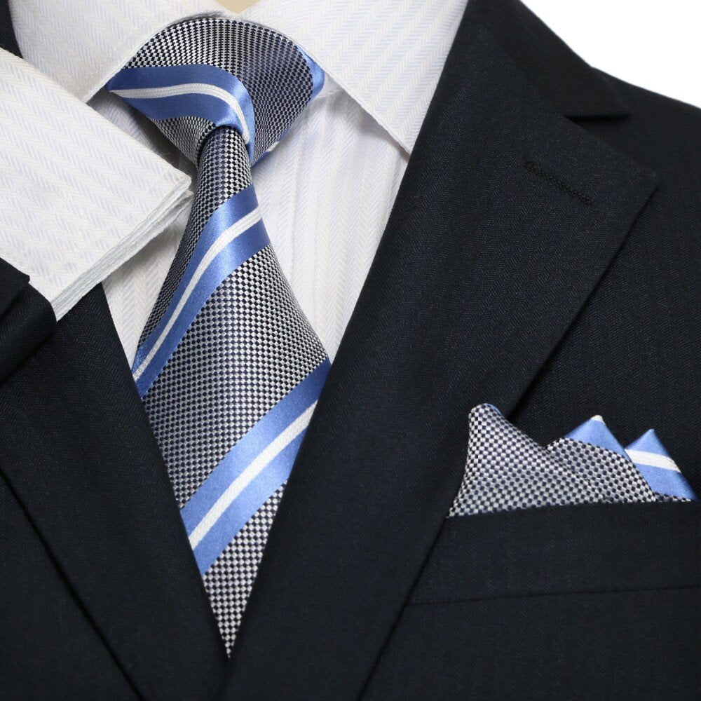 Main: Grey, Blue, White Stripe Tie and Pocket Square