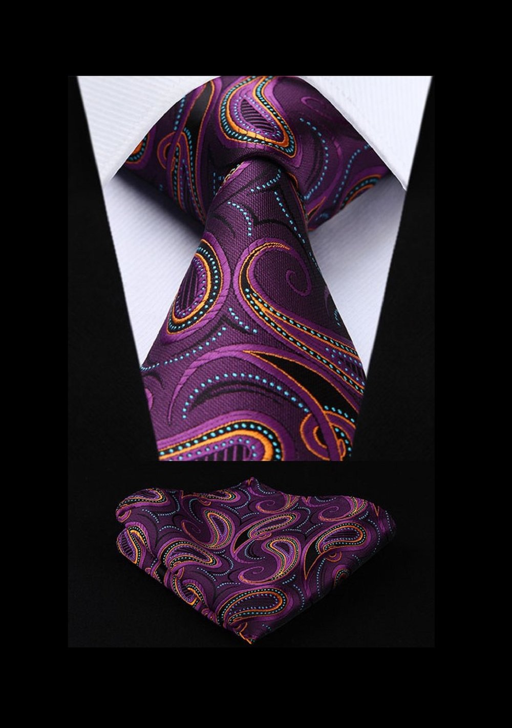 A Purple, Orange, Blue Paisley Pattern Silk Necktie, With Matching Pocket Square and Cuff-links.