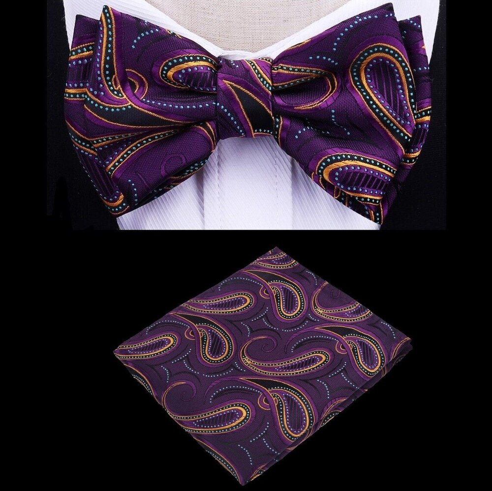 Purple and Orange Paisley Bow Tie and Pocket Square