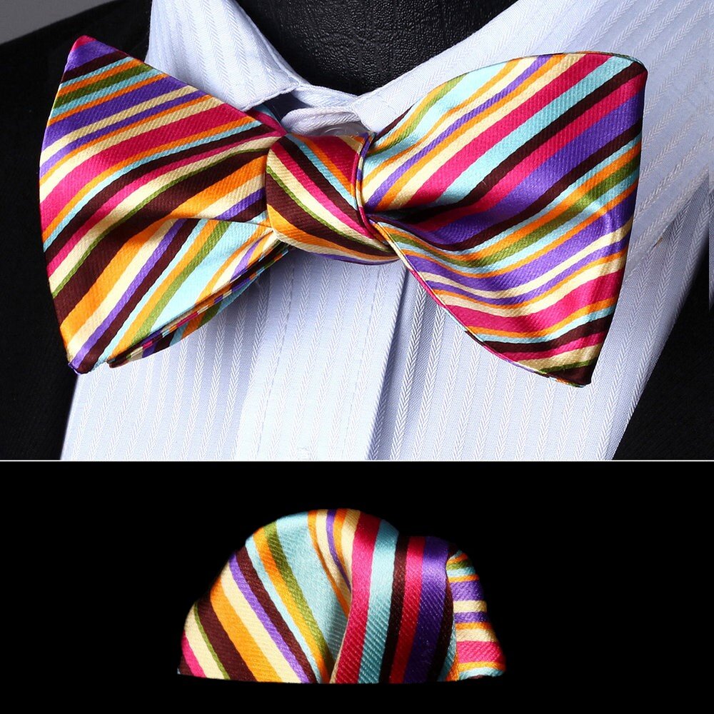 A Dark Yellow, Orange, Red, Blue, Purple, Green Stripe Pattern Silk Self Tie Bow Tie, Matching Pocket Square