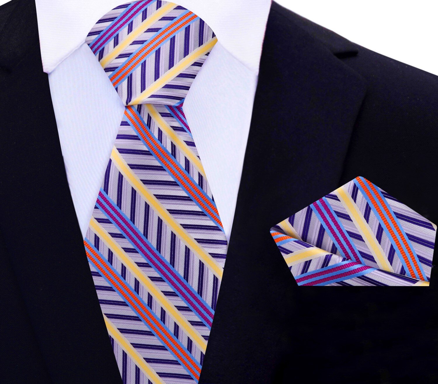 Main View: Light Purple, Purple, Yellow Stripe Tie and Pocket Square