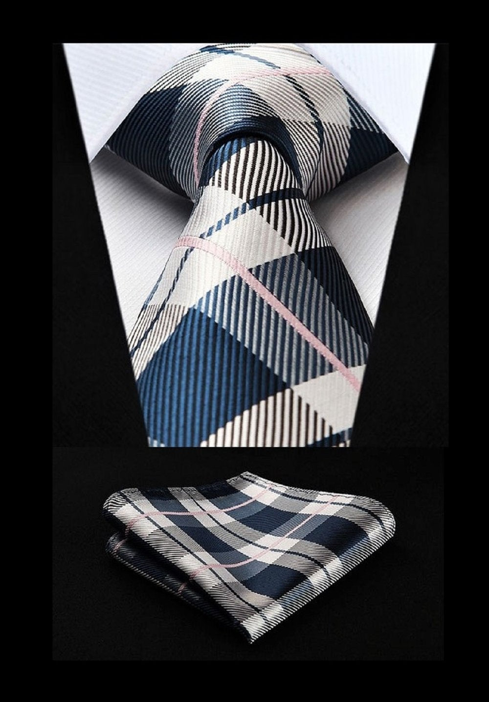 A Navy Blue, Grey, Salmon Plaid Pattern Silk Necktie, With Matching Pocket Square and Cuff-links.