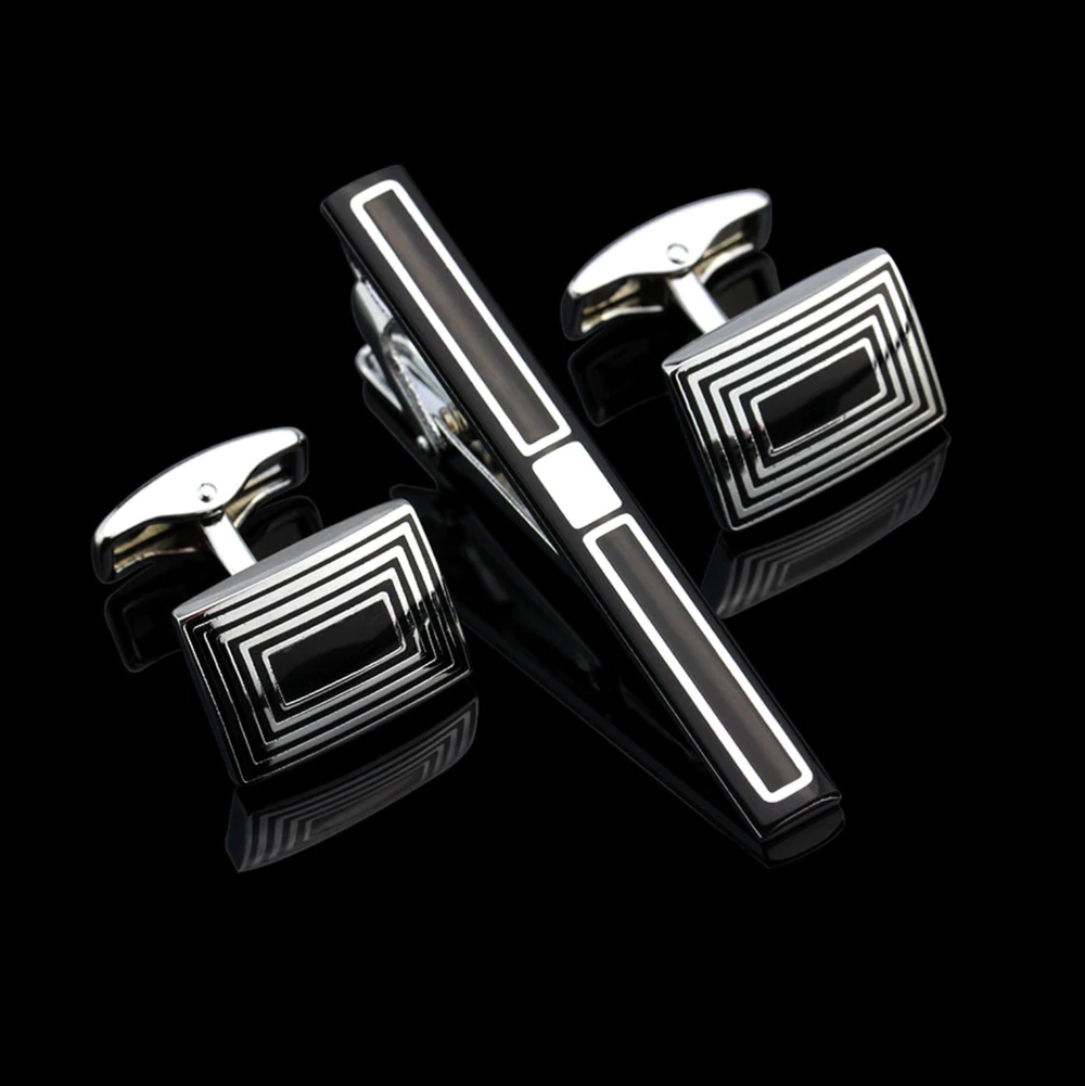 A Black, Chrome Colored Squares Pattern Tie Bar and Cuff-links