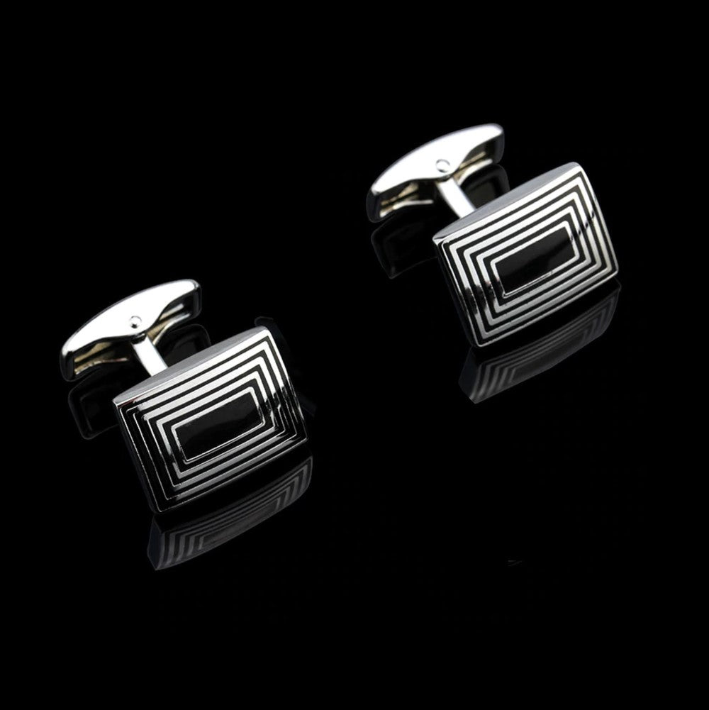 A Black, Chrome Colored Squares Pattern Cuff-links