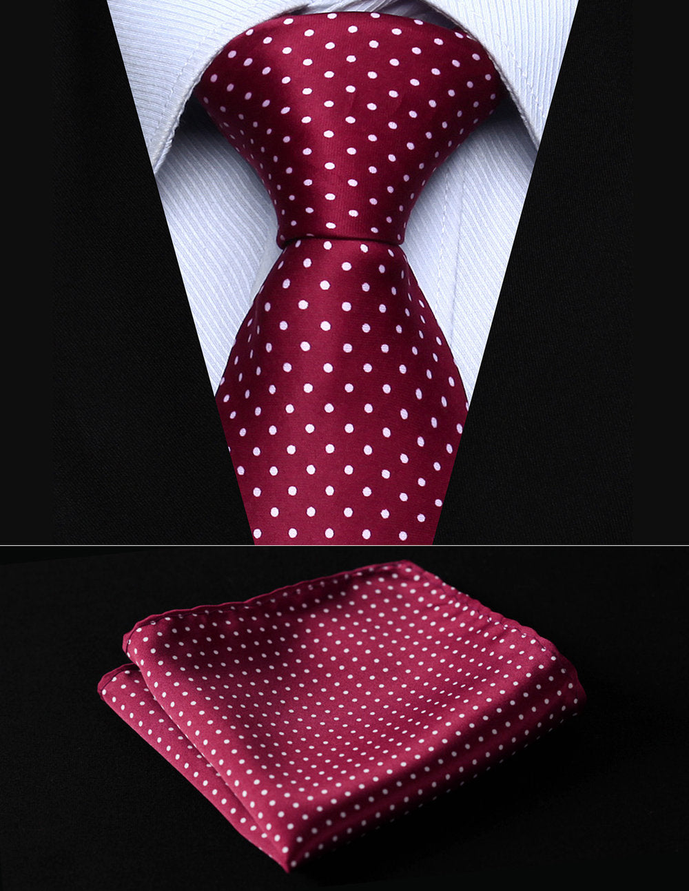 A Burgundy, White Polka Dot Pattern Silk Necktie, Matching Pocket Square, And Cuff-links.