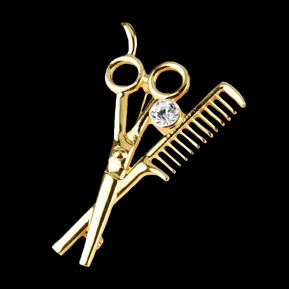 A Gold Color Scissors and Comb with Stone Lapel Pin||Gold