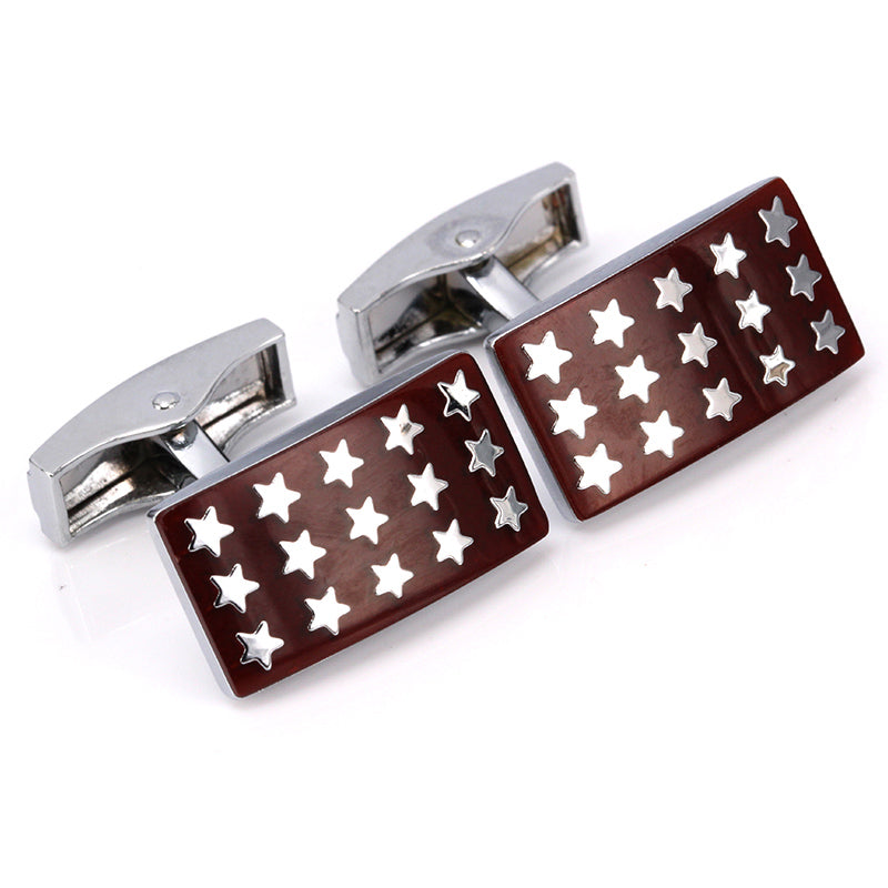 A Mahogany, Chrome Color Rectangle Shape with Stars Pattern Cuff-links