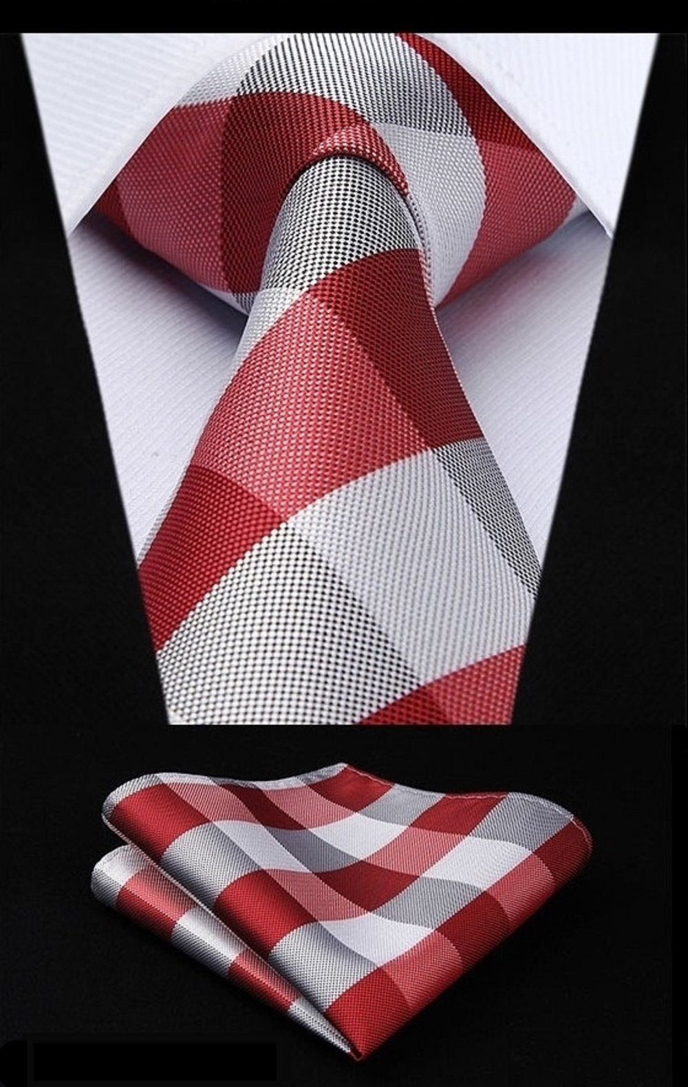 A Red, White Plaid Pattern Silk Necktie, Matching Pocket Square And Cuff-links.