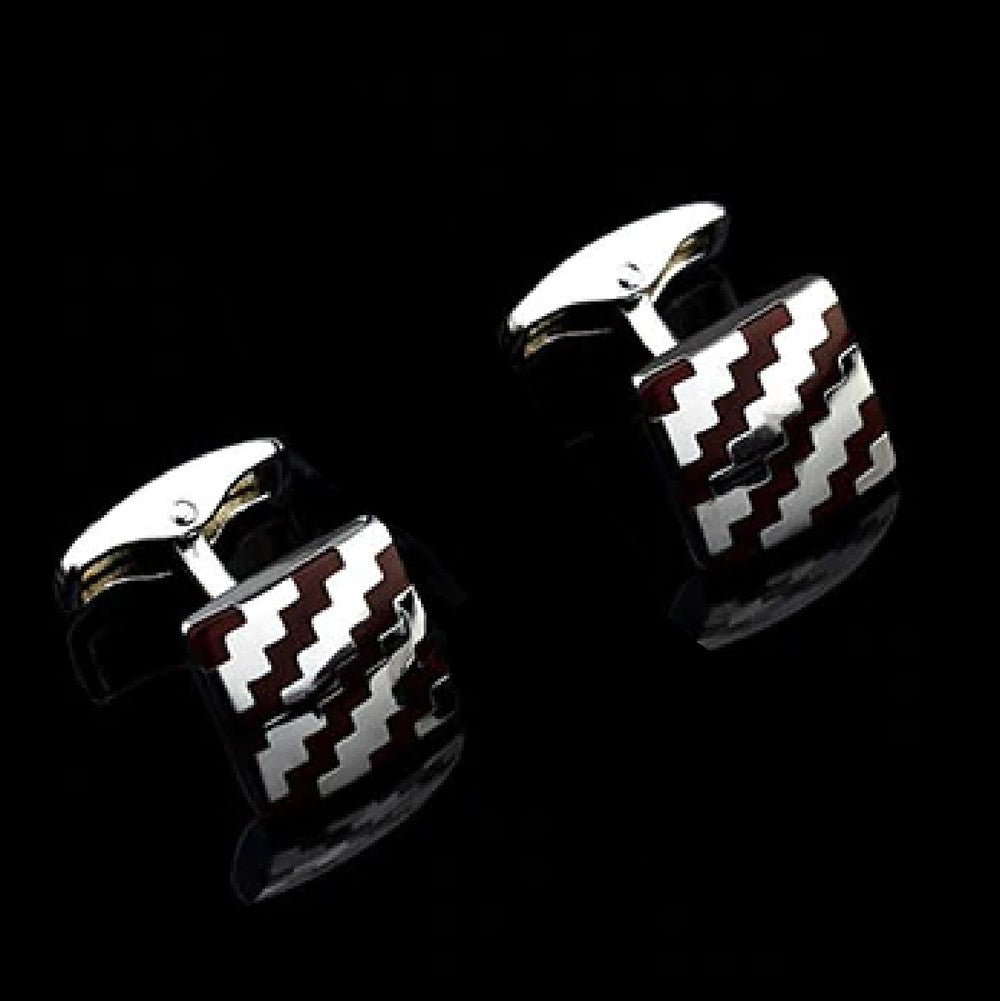 A Chrome, Mahogany Color Wavy Jagged Lines Cuff-links