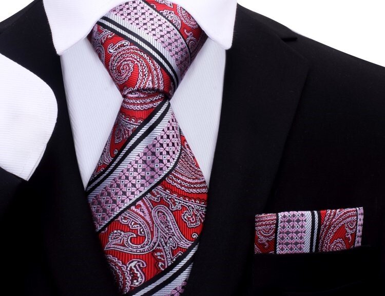A Red, Black Paisley Pattern Silk Necktie, Matching Pocket Square||Red, Black