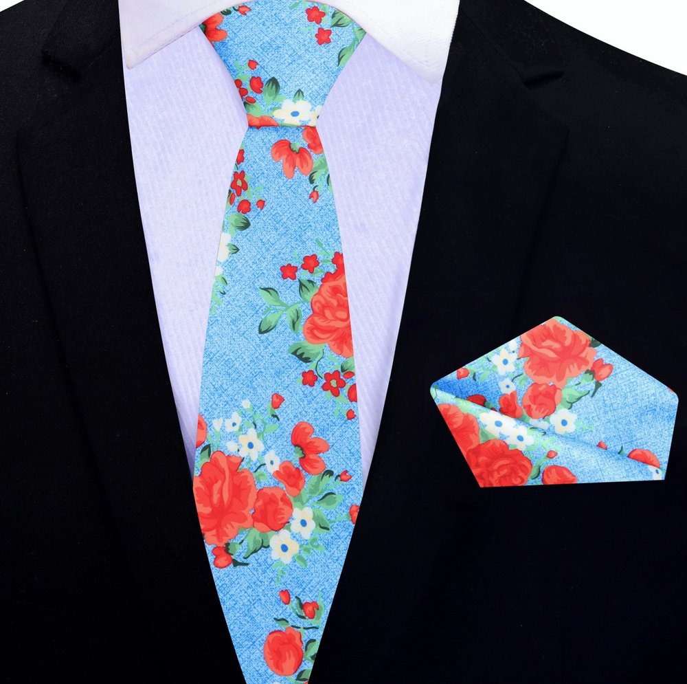 Light Blue, Red, Green Rose Bunches Thin Tie and Pocket Square||Light Blue