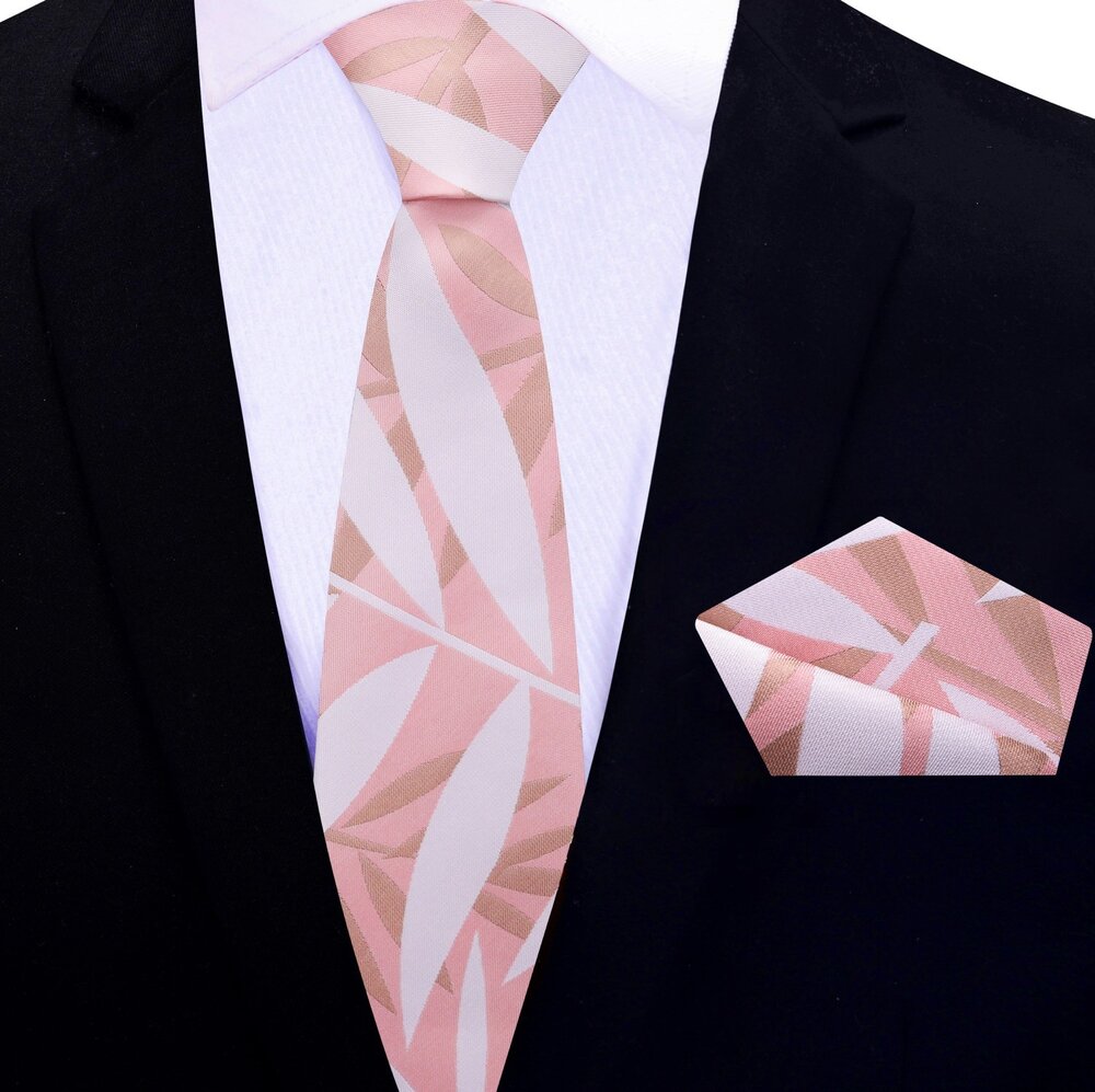 Thin Tie: Light Pink, Salmon, Light Brown Sketched Leaves Tie and Pocket Square