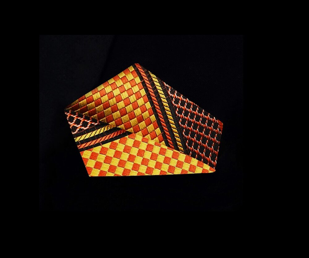 View 2: A Yellow, Orange Geometric Squares Pattern Silk Pocket Square